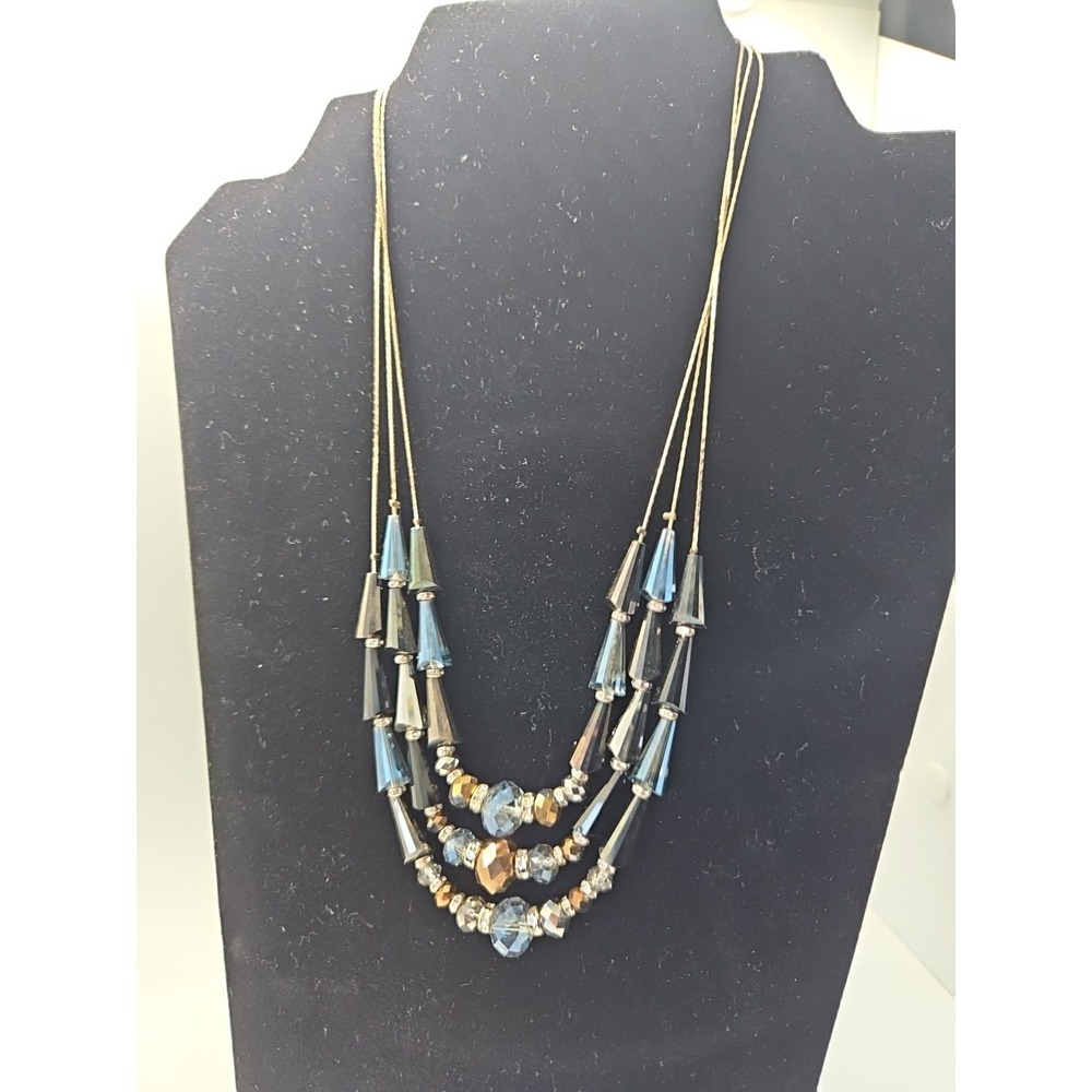 Blue Black Brown Glass Bead Gold Tone Chain 3 Strand Necklace Lobster Hook Ext